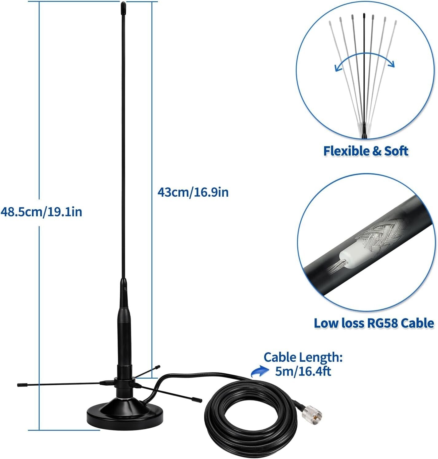 5M Cable Mobile Ham Radio Antenna with Dual Band Magnetic Mount - Easy Install