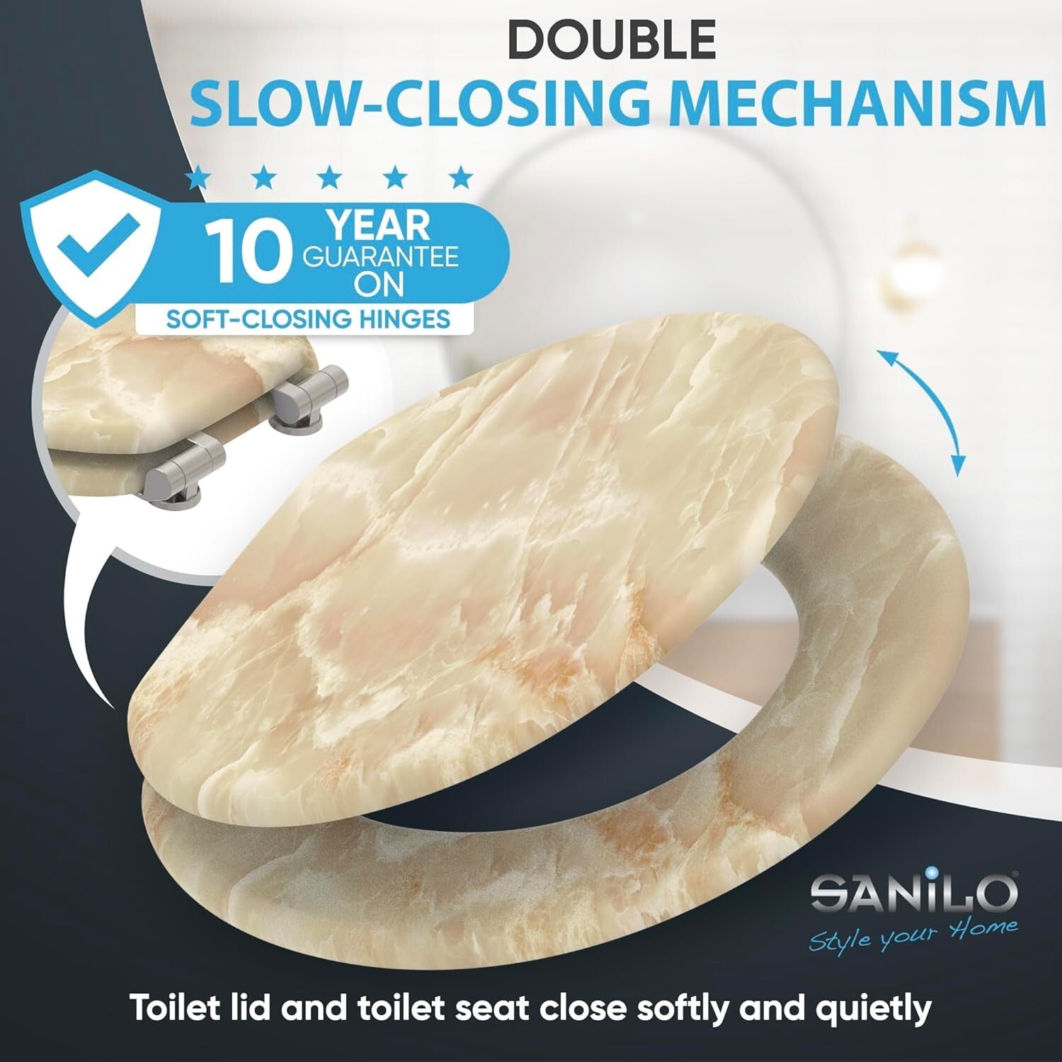 Elegant Soft Close Toilet Seat with Adjustable Hinges & Marble Nature Design