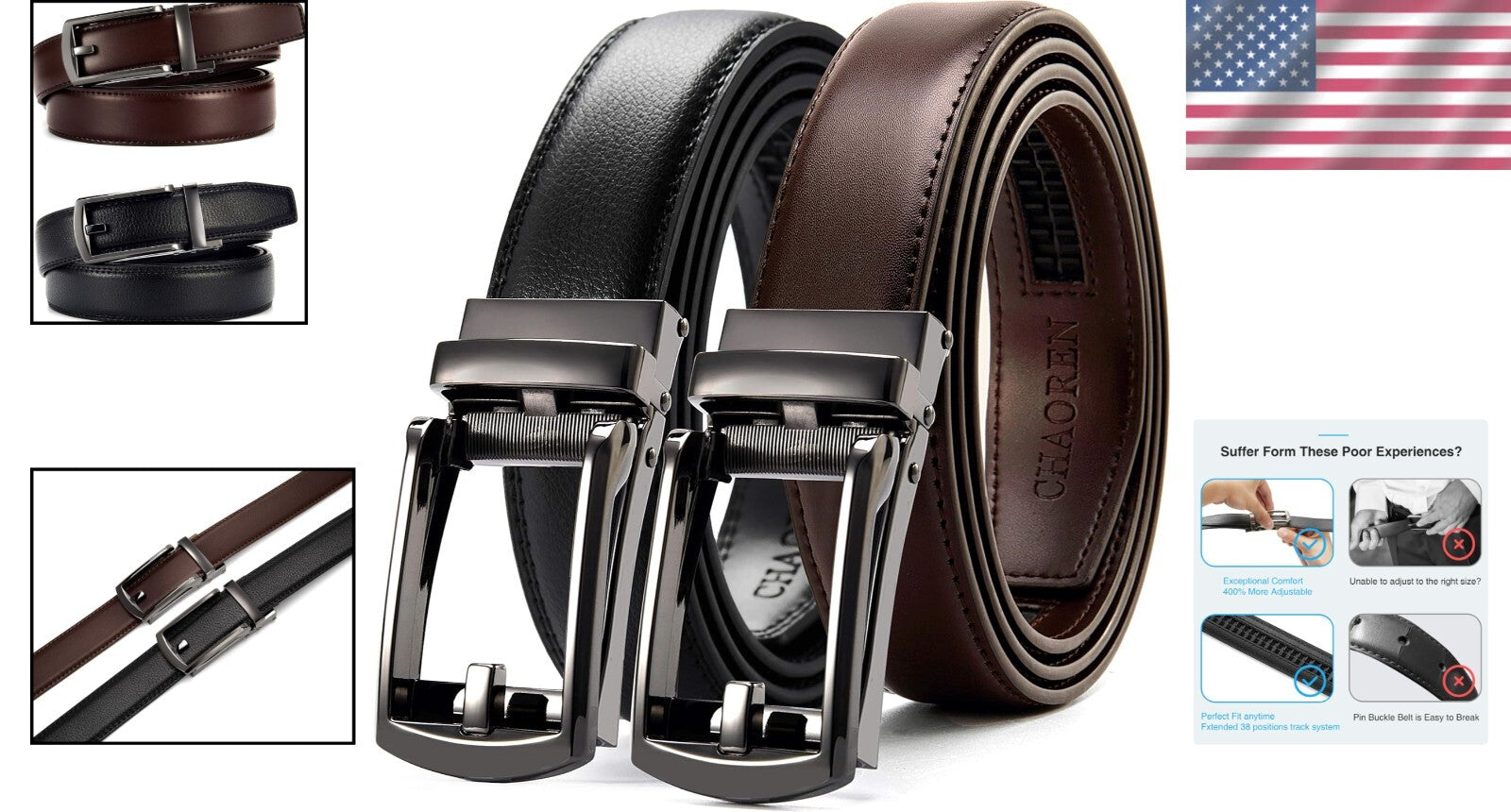 Men's Luxury Adjustable Ratchet Leather Belt Pack of 2 - Black, Fits All Sizes