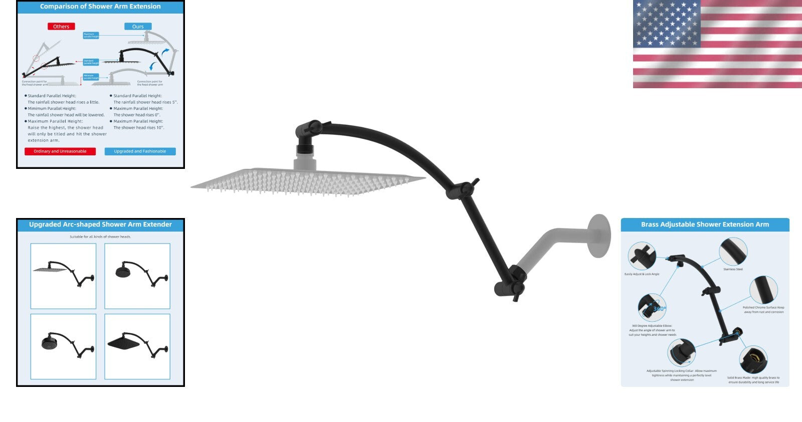 Durable Matte Black 16'' Shower Head Arm - Height Adjustable Brass & Steel Combo