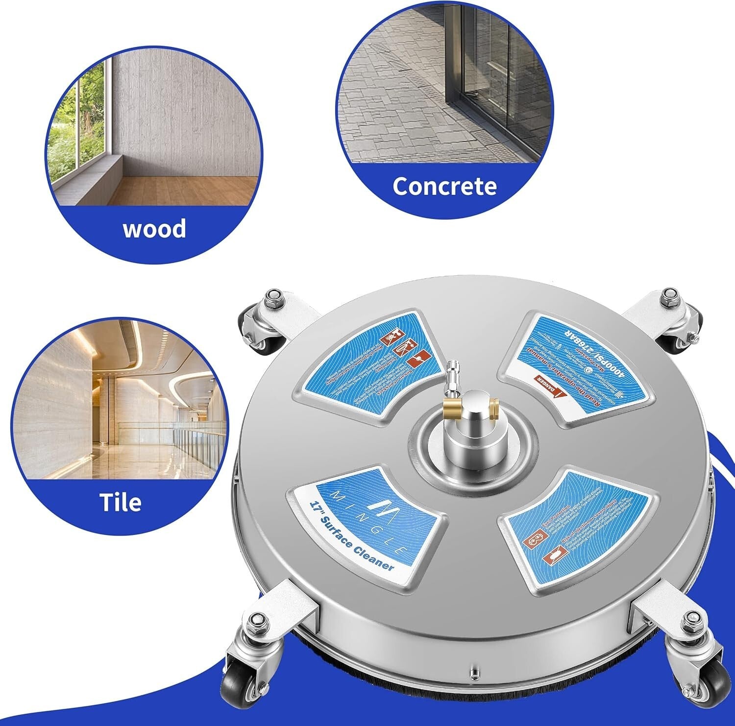 17'' Surface Pressure Washer Cleaner with 4 Wheels & High Flow Rate for Decks