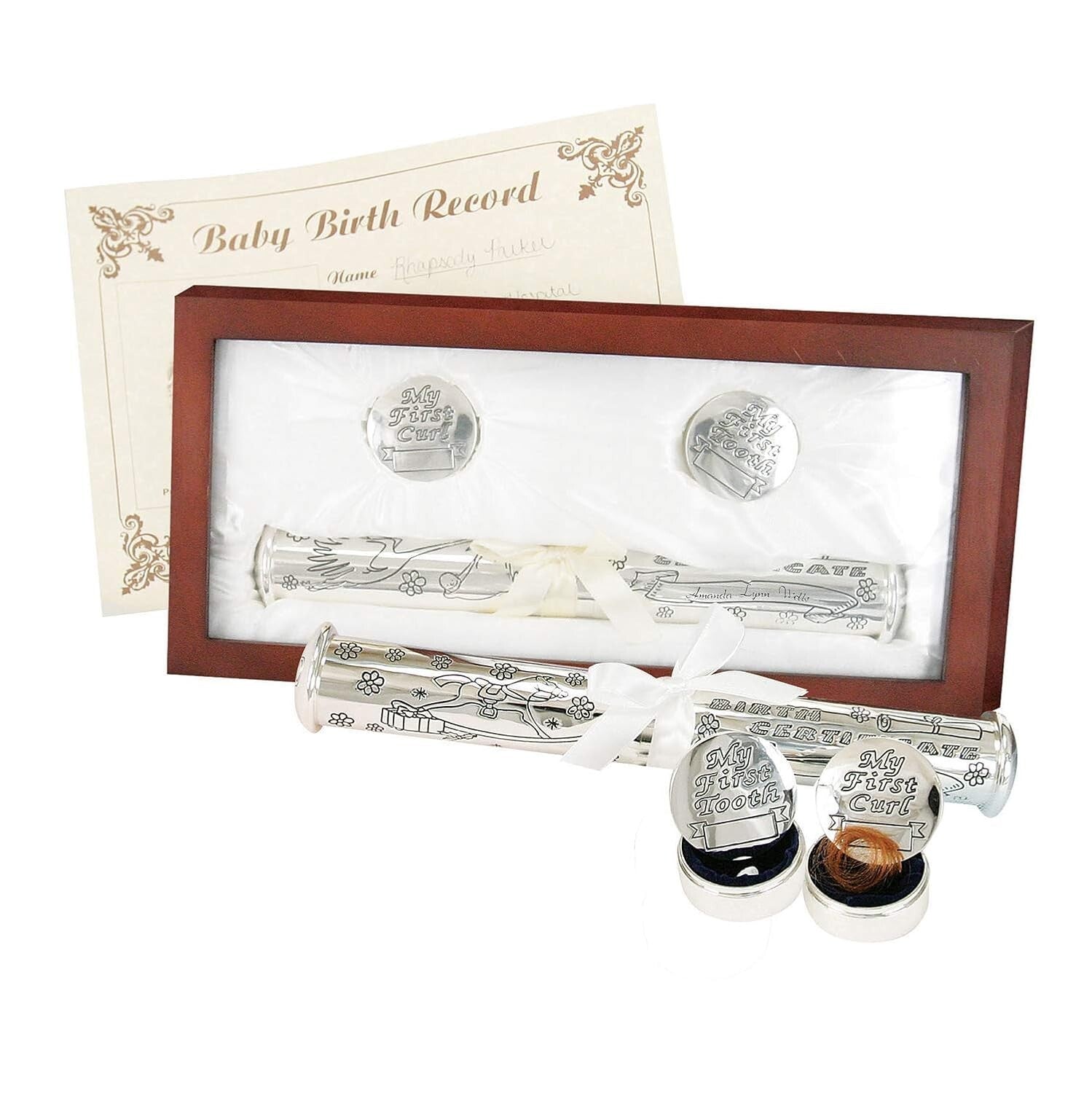 Rosewood Baby Memory Set with Engraved Silver Birth Certificate Holder & Boxes
