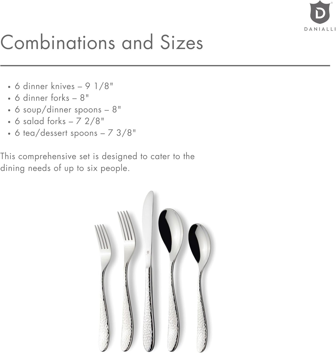 Luxurious 30-Piece Hammered Stainless Steel Silverware Set for 6—Dishwasher Safe