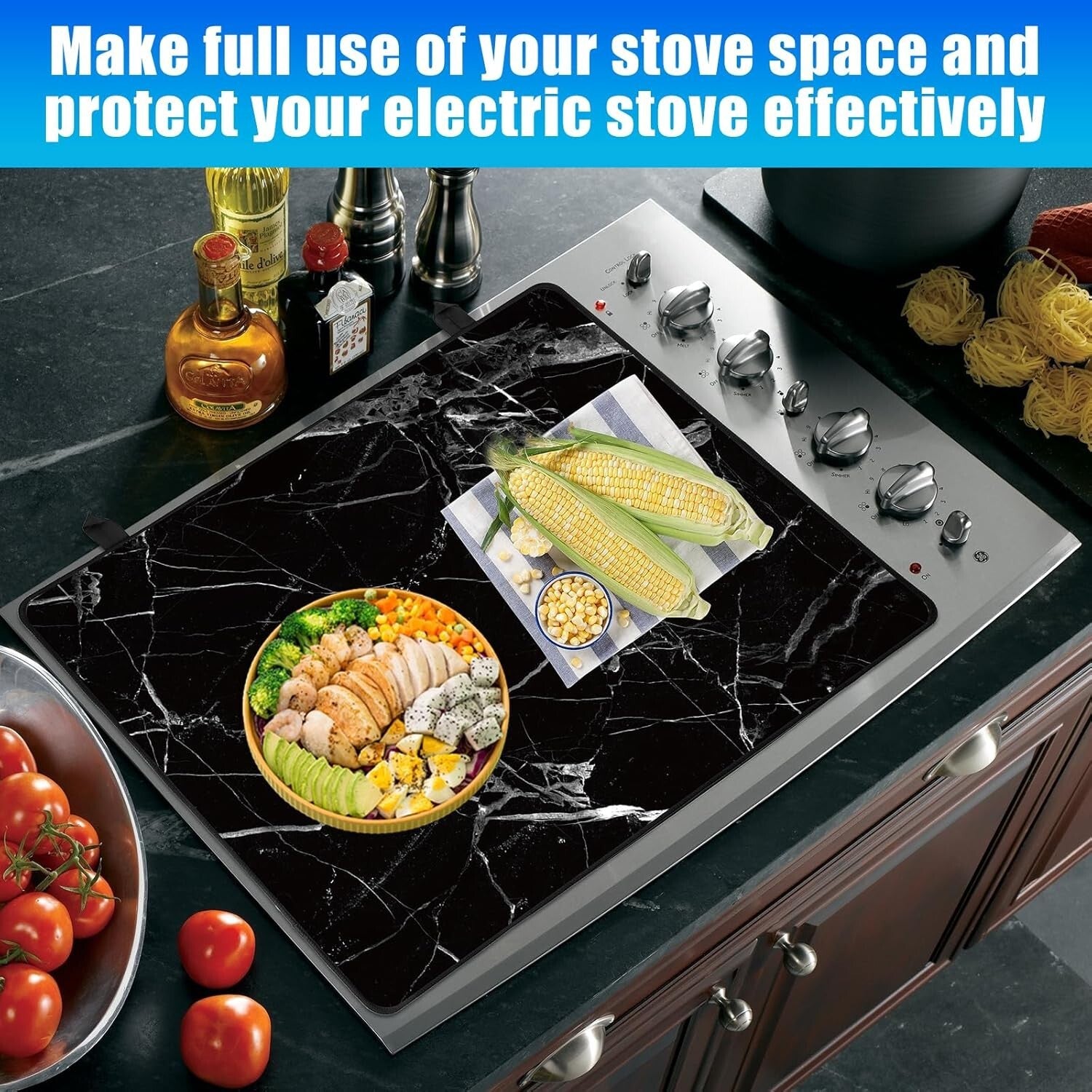Dishwasher Safe Black Marble Stove Top Cover & Silicone Gap Covers - 28.5"x20.5"