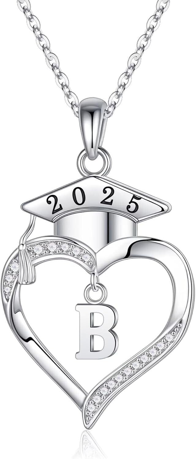 Dainty Sterling Silver Heart Initial Necklace - 2025 Graduation Gift for Women
