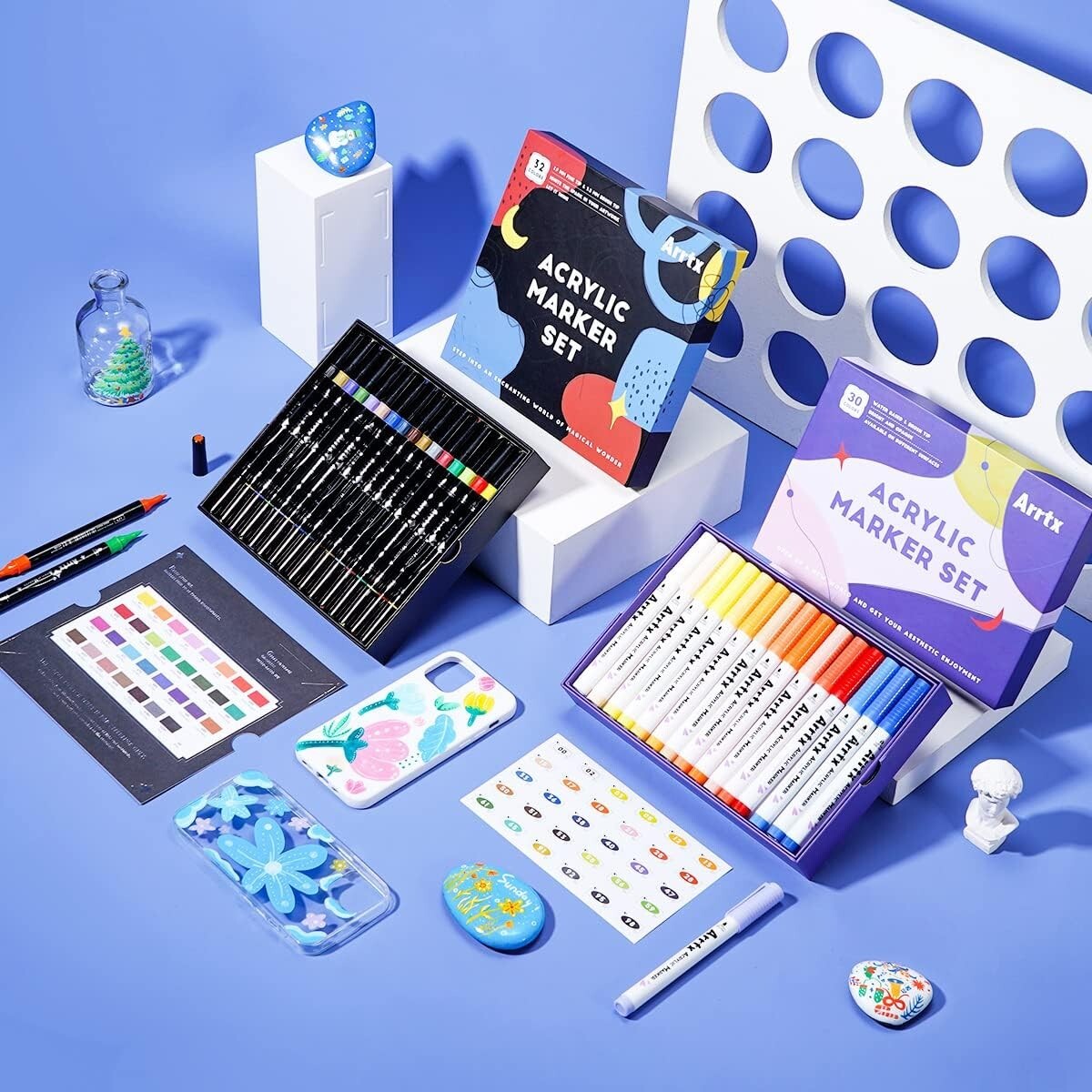 62 Vibrant Acrylic Paint Pens - Dual Tip, Non-Toxic Markers for Creative Crafts