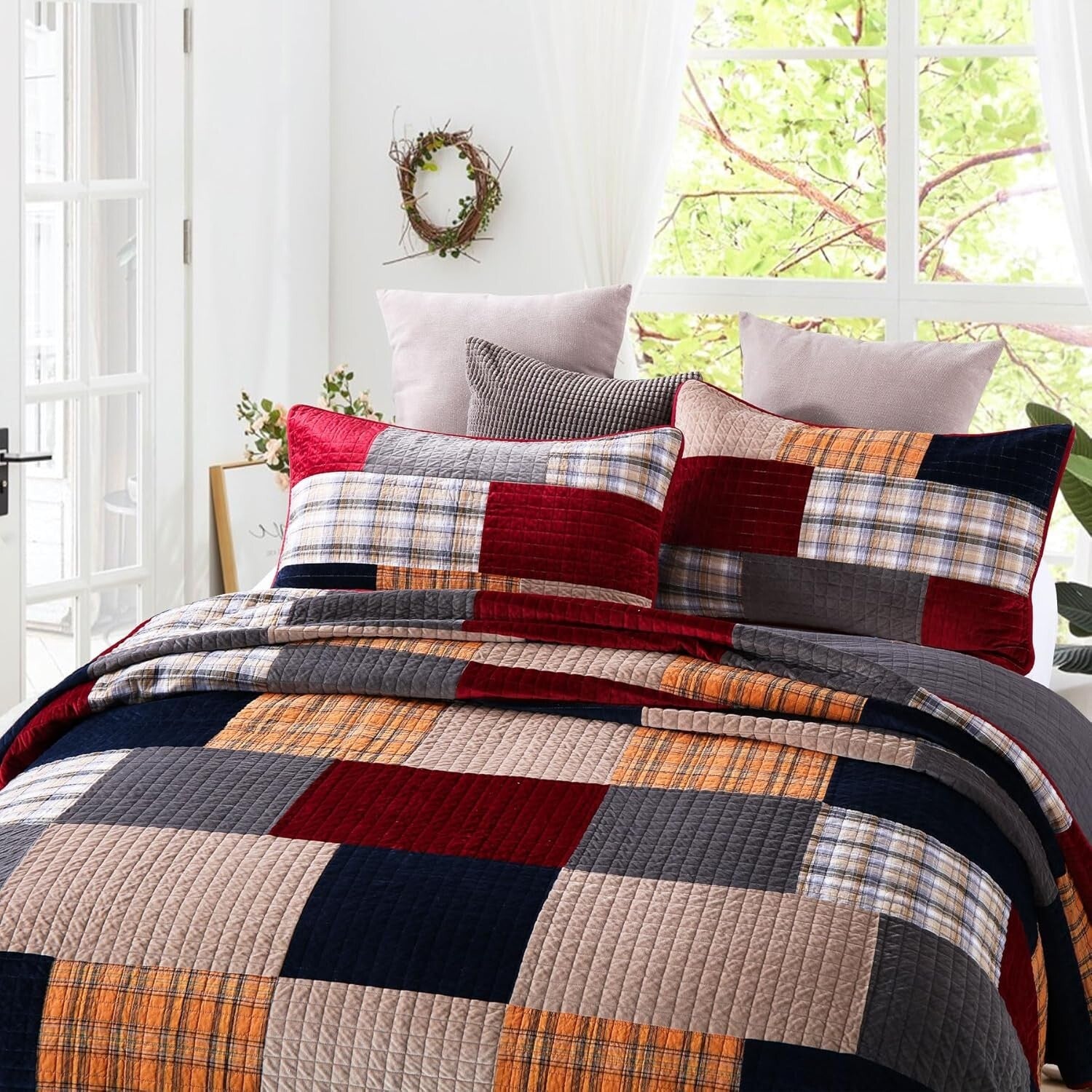 Luxurious King Size Velvet & Cotton Comforter Set - Art Deco Patchwork Design
