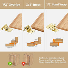 Load image into Gallery viewer, 40 Pack Gold Self-Closing Cabinet Hinges - 1/2 Inch Overlay, Quiet Operation
