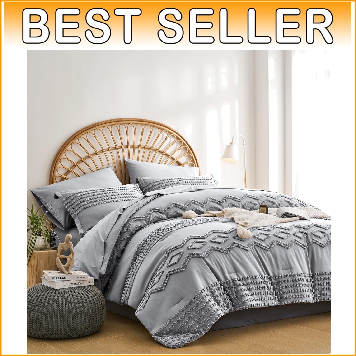 Elegant 7-Piece Tufted Bedding Set - Soft Microfiber Grey Bohemian Style