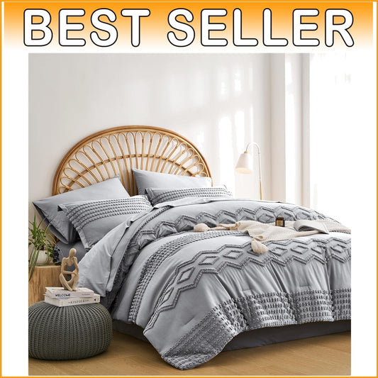 Elegant 7-Piece Tufted Bedding Set - Soft Microfiber Grey Bohemian Style