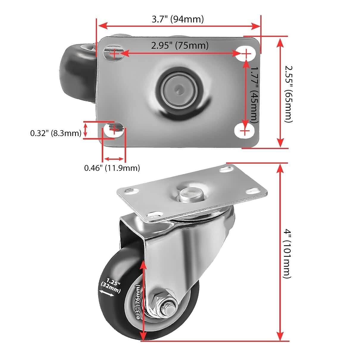 8 Pack Heavy-Duty 3" Swivel Plate Casters with Brakes for Effortless Mobility