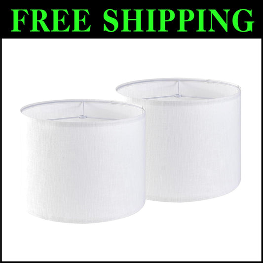 Easy Assembly White Linen Drum Lampshades - 16" Large Set of 2 for Versatile Use