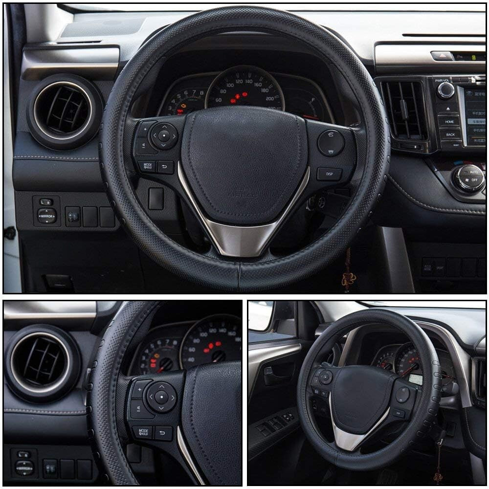 15.5-Inch Black Leather Steering Wheel Cover – Protect & Enhance Driving Comfort