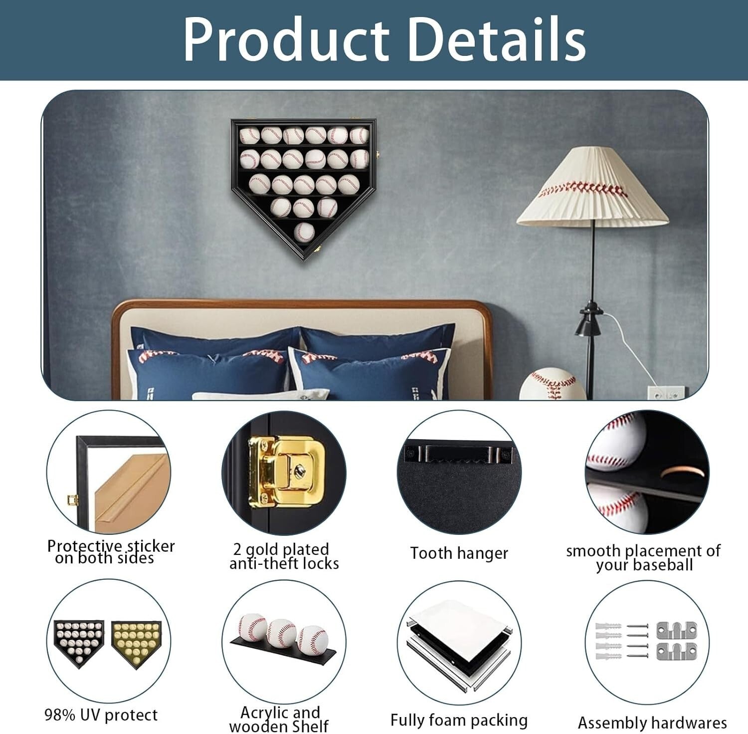 Black Wooden Baseball Display Cabinet with Gold Locks - Perfect for Collectors