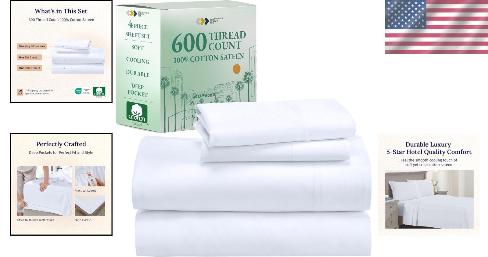 Breathable California King Sheets 600 TC - Deep Pocket & Durable, White Elegance