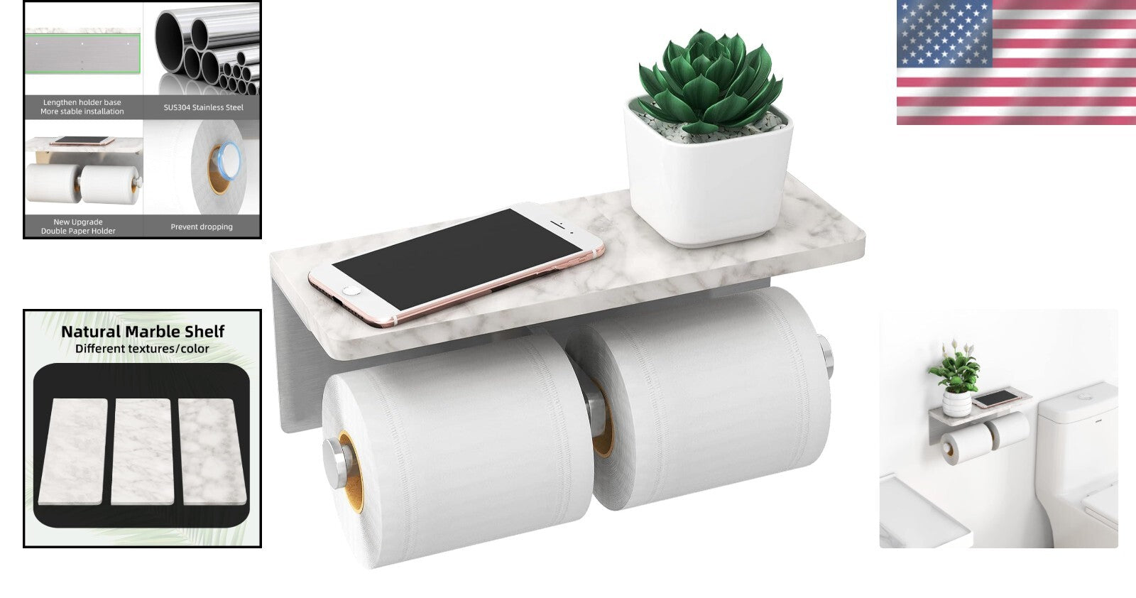 Brushed Nickel Double Toilet Paper Holder with Elegant Marble Shelf - Modern ...