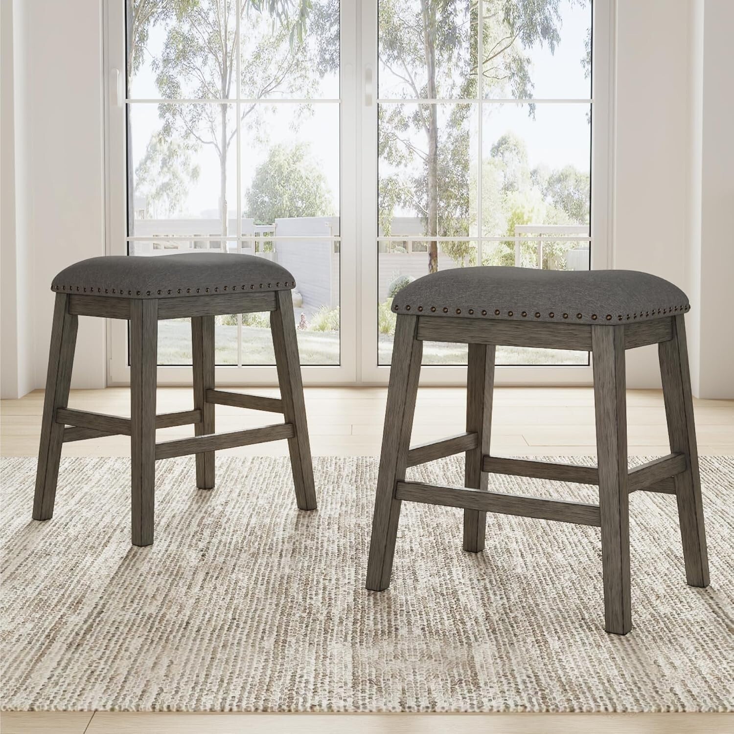 Caitbrook Rustic Gray Counter Height Upholstered Barstools - Set of 2
