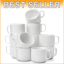Load image into Gallery viewer, Microwave &amp; Dishwasher Safe Stackable Coffee Mugs – 12 Oz, White Porcelain Set