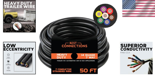 14 Gauge 7 Way Trailer Wire - Weatherproof 50 Ft Length Ideal for Automotive Use