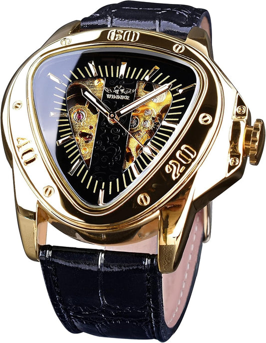 Winner Men's Mechanical Watch with Unique Pyramid Dial & Golden Skeleton Style