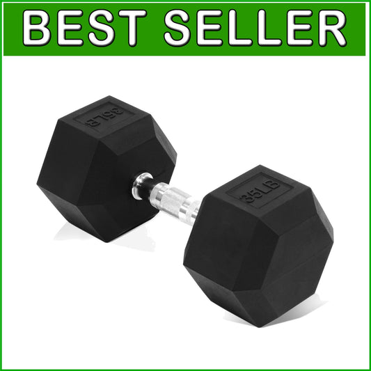 Durable 35 lb Hex Dumbbell - Rubber Coated, Non-Slip Hand Weight for Versatil...