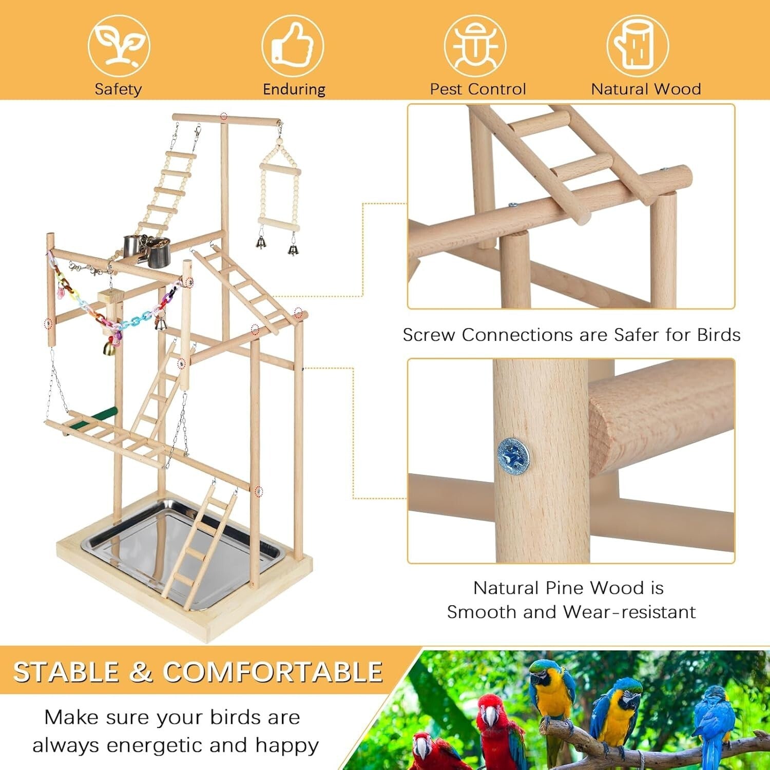Handcrafted Parrot Play Gym with Perches, Toys & Bells—Ideal for Bird Training