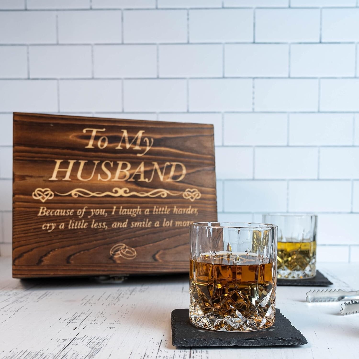 Whisky Glass Set with Stainless Steel Stones and Coasters - Ideal Romantic Gift
