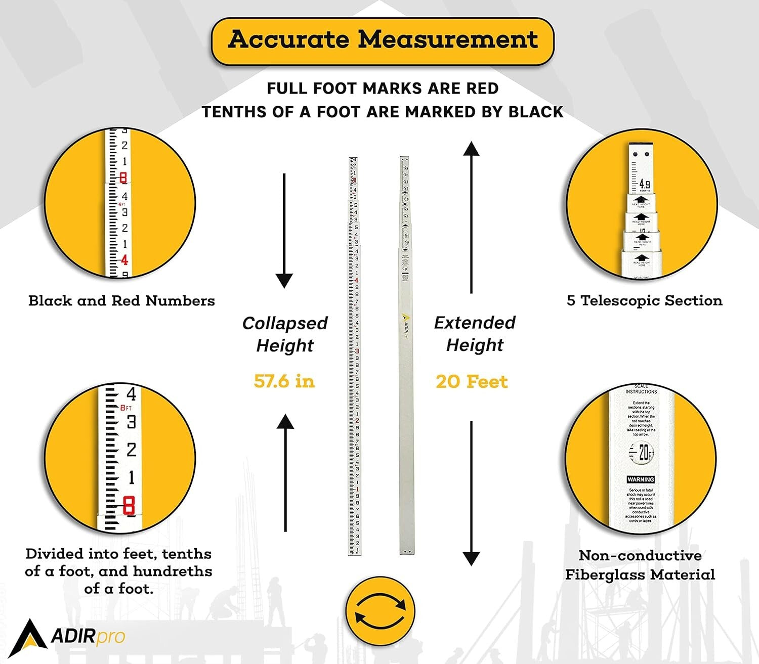 Professional 20' Fiberglass Leveling Rod with Weather-Resistant Graduation Marks