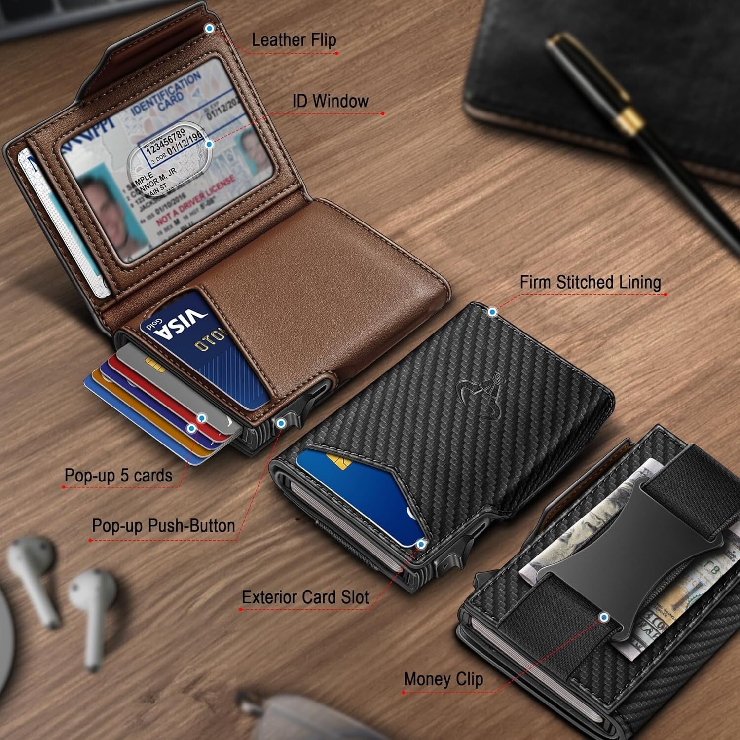 Men's Carbon Fiber Leather Wallet - Magnetic Flip, Pop-Up Cash & Card Holder