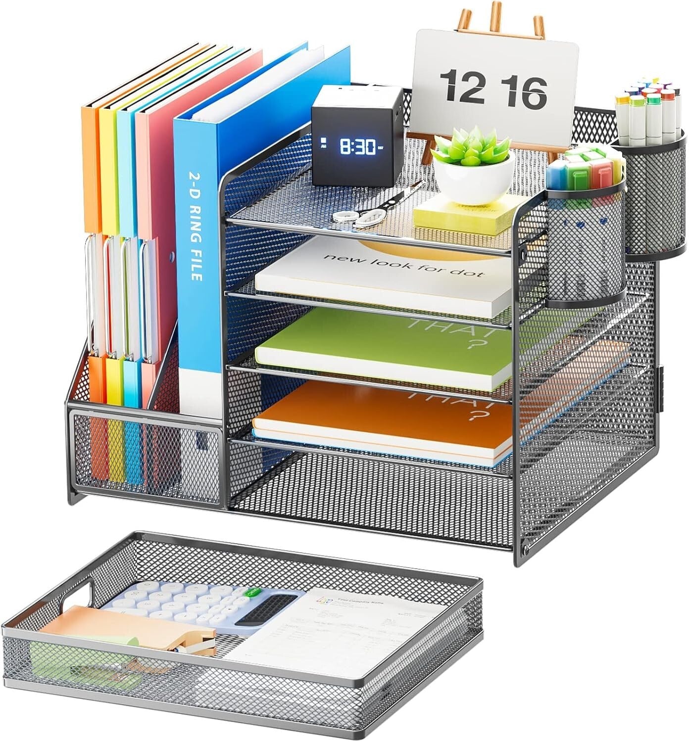 Modern Grey Paper Letter Tray Organizer with Sliding Trays and Drawer for Office