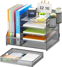 Load image into Gallery viewer, Modern Grey Paper Letter Tray Organizer with Sliding Trays and Drawer for Office