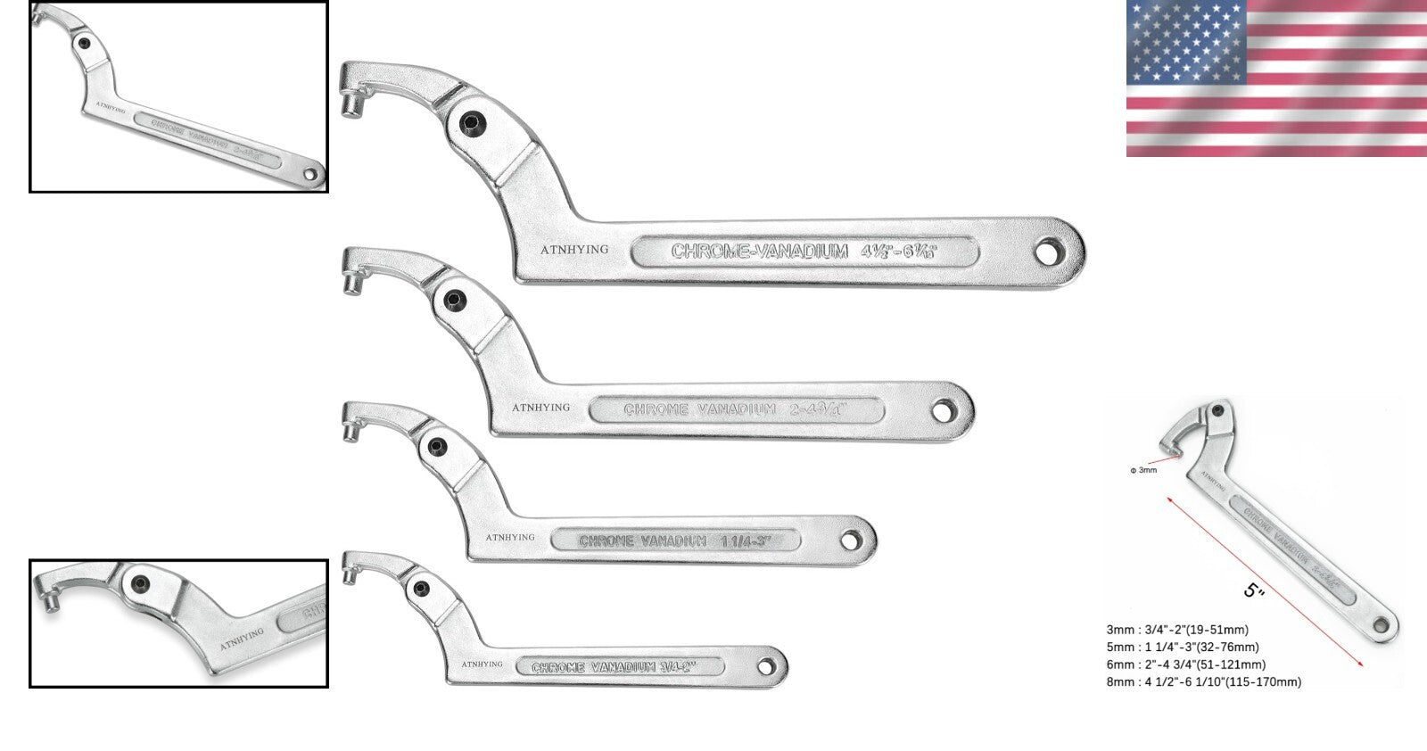 4-Piece Adjustable Spanner Wrench Set - Ideal for Vehicles and Machinery