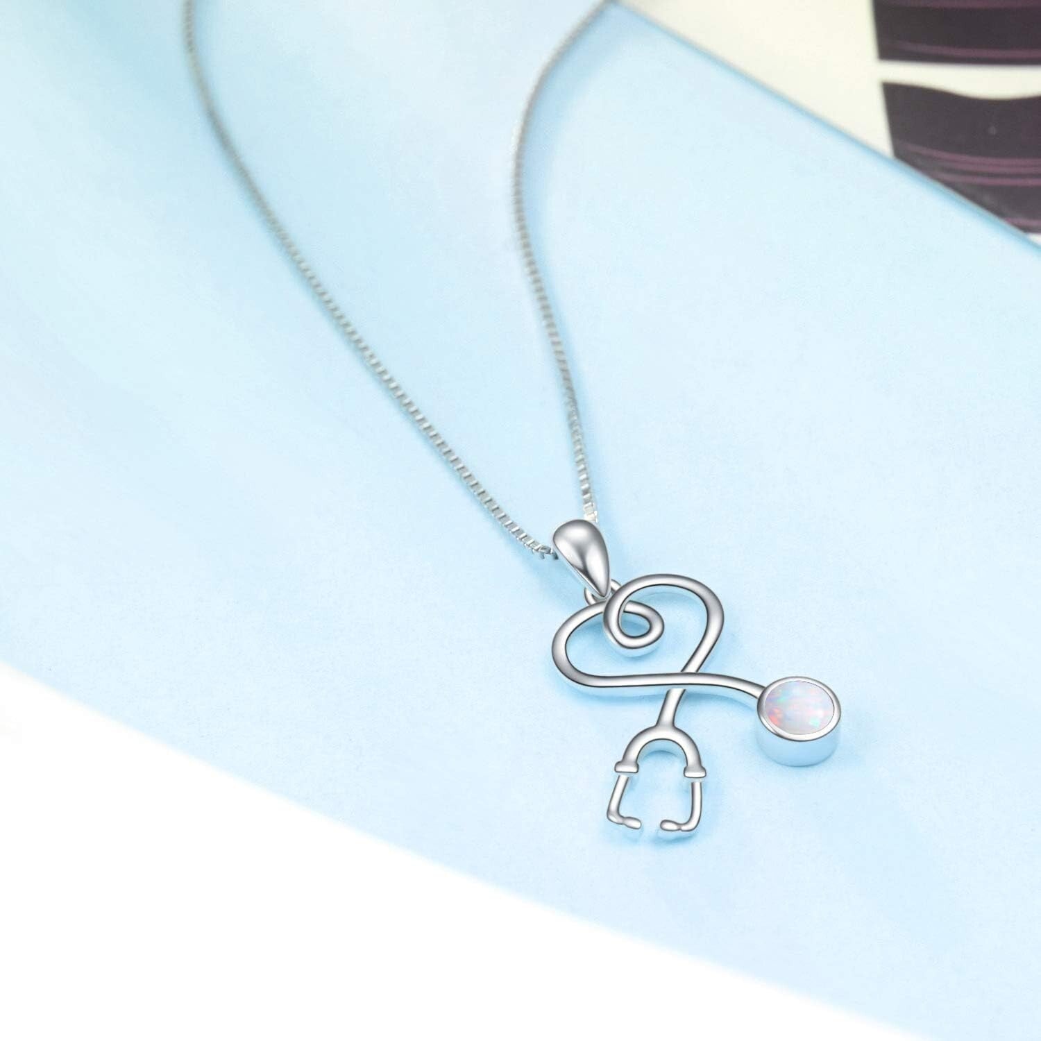 Hypoallergenic Medical Jewelry: Stethoscope Necklace with Opal Birthstone Charm