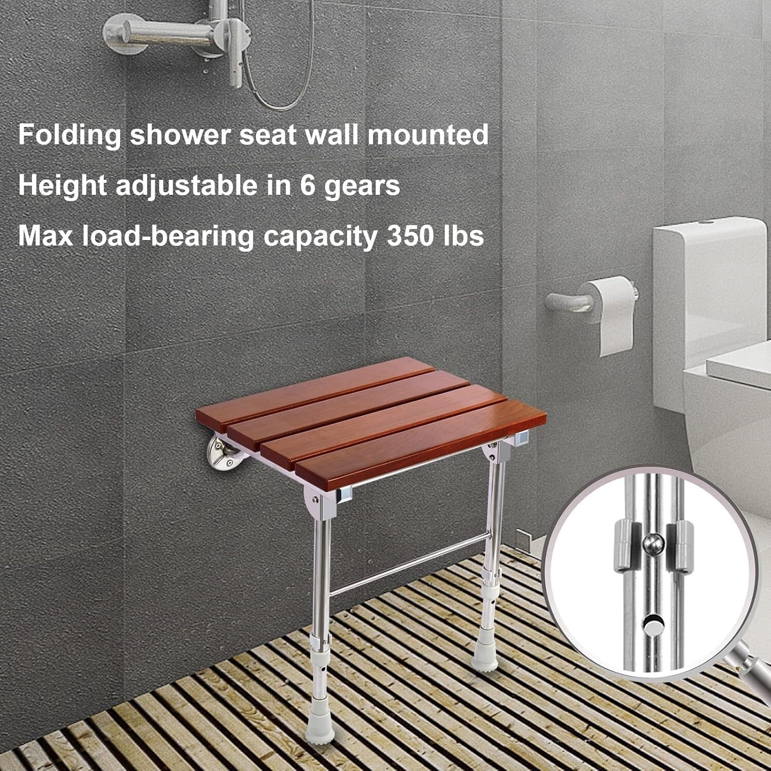 Height Adjustable Folding Shower Seat Wall-Mounted with Legs for Small Spaces