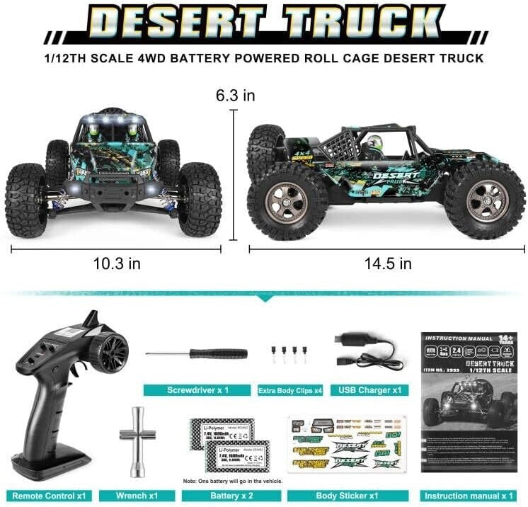 Splash-Proof 1:12 RC Truck - 42KM/H Speed with Dual Batteries for Long Play