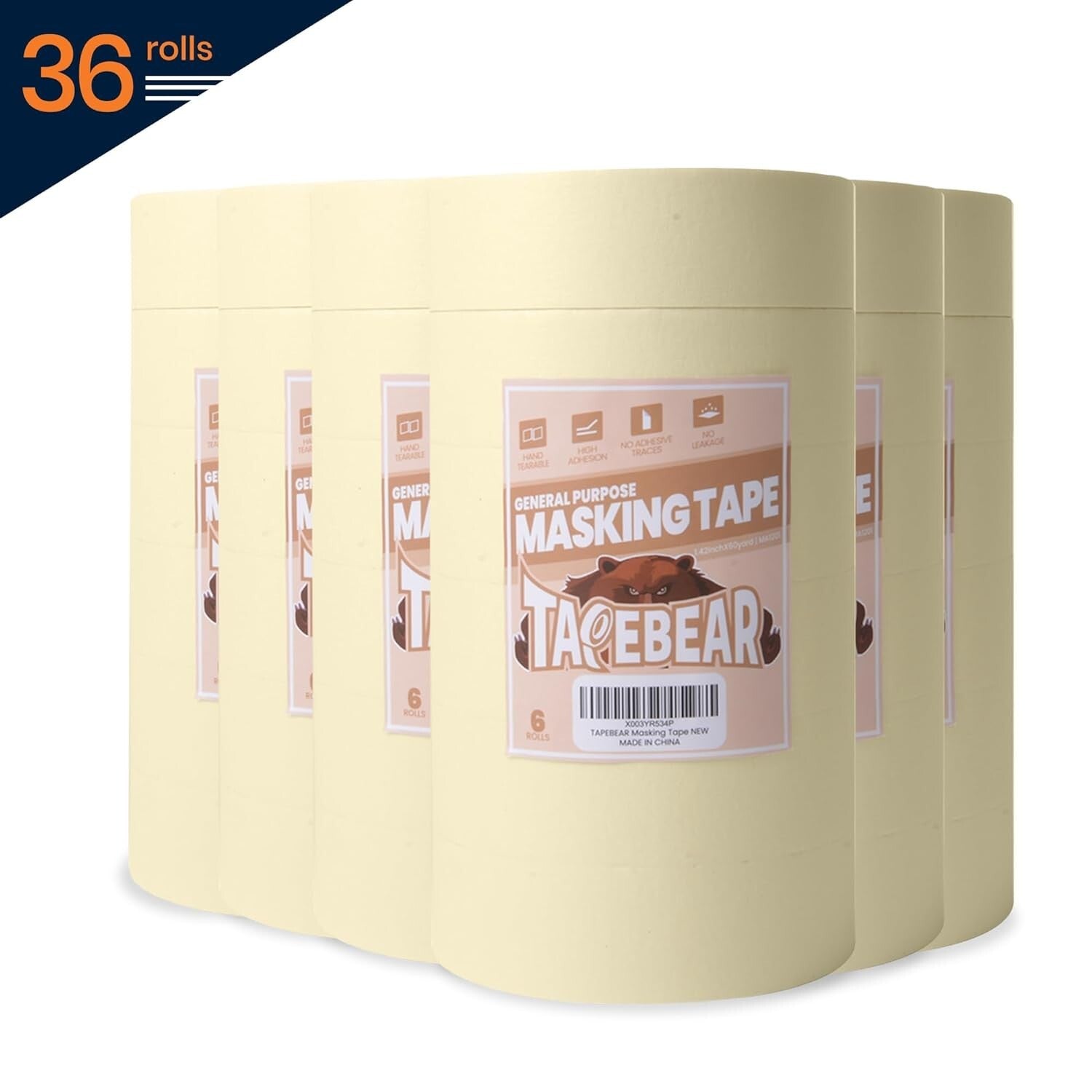 Non-Damaging Beige White Masking Tape - 36 Rolls, Ideal for DIY & Home Office