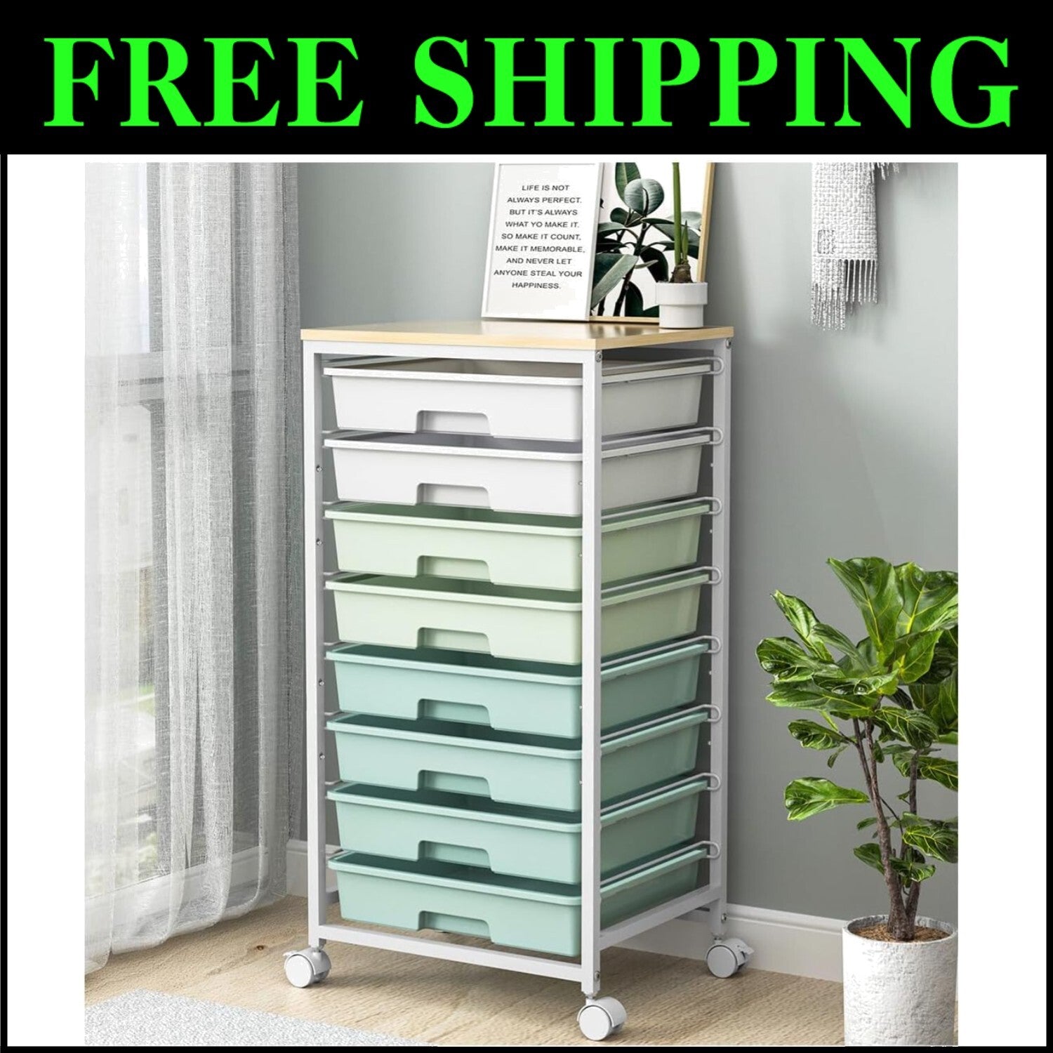 Compact 8-Drawer Organizer Cart with Wooden Top for Living Room & Office