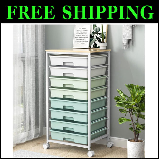 Compact 8-Drawer Organizer Cart with Wooden Top for Living Room & Office