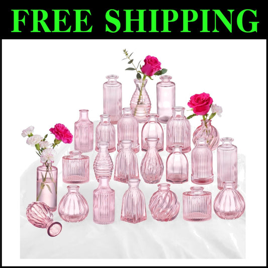 Elegant Set of 24 Pink Glass Bud Vases – Vintage Decor for Weddings & Events