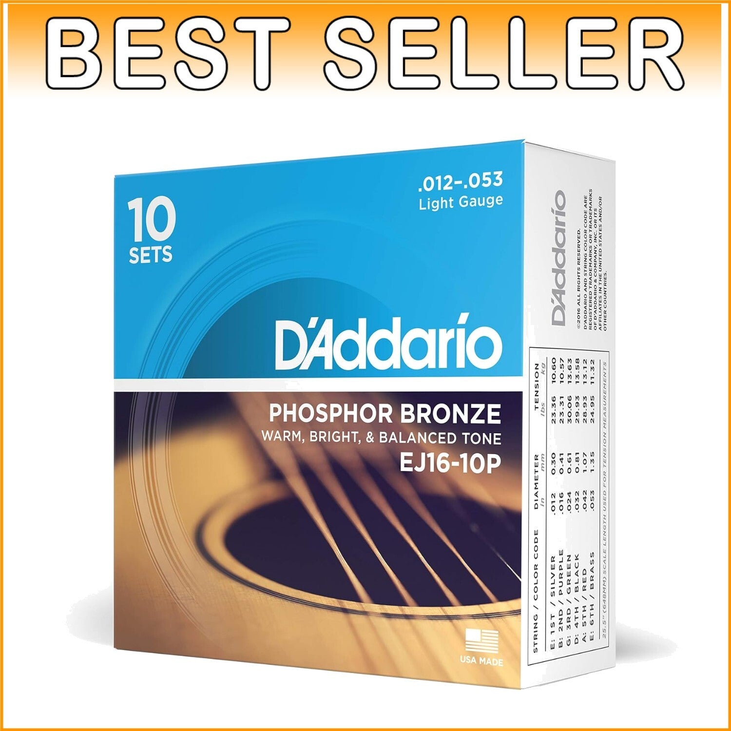 D'Addario Phosphor Bronze Acoustic Guitar Strings - Rich Tone - 12-53 Light Pack