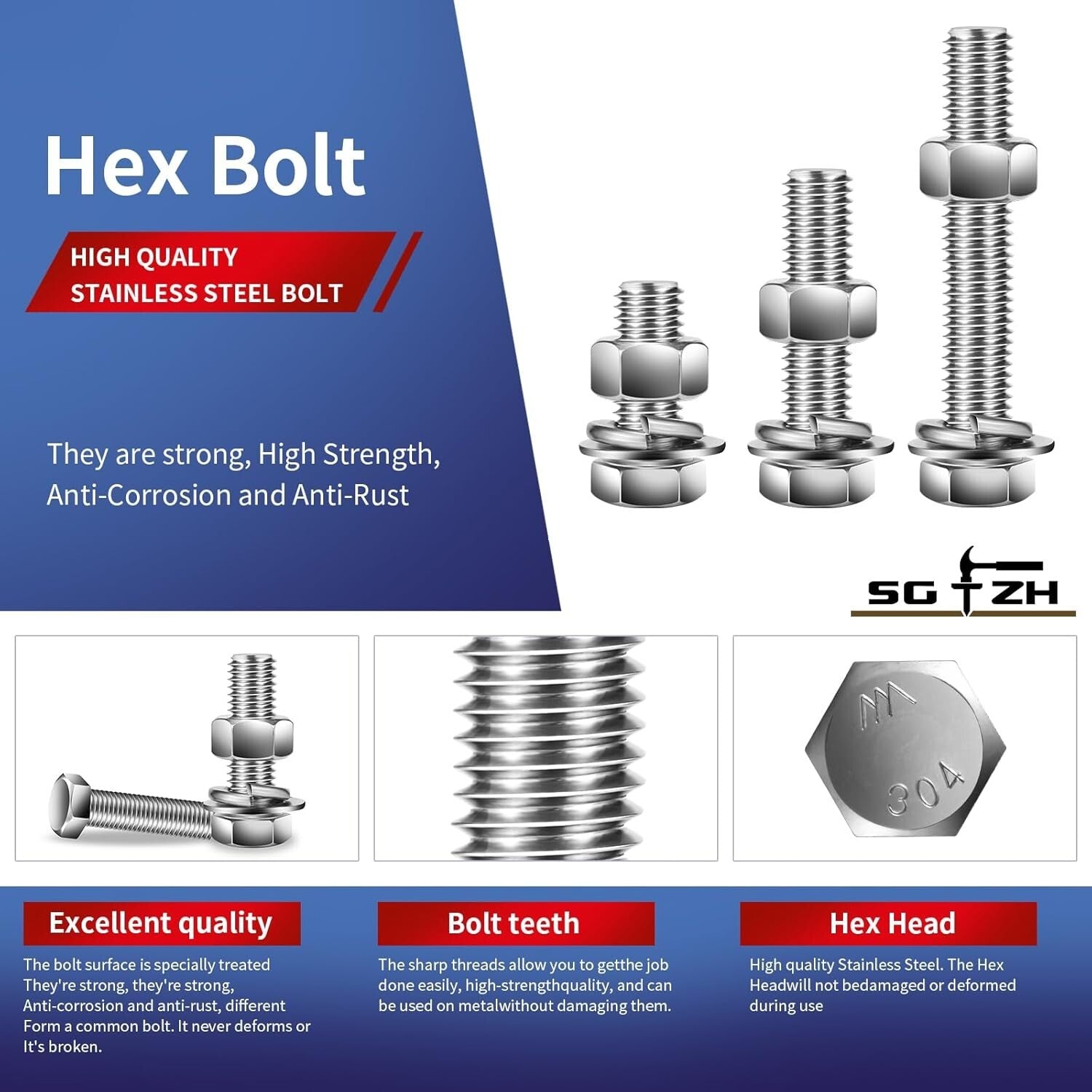1/2-13 x 2" Fully Threaded Hex Bolts with Flat & Lock Washers - 18-8 Steel Set