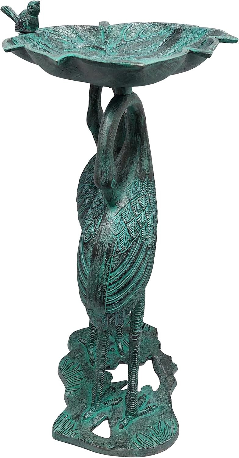 Sturdy 30-in Cast Aluminum Crane Bird Bath with Leaf Bowl - Traditional Elegance