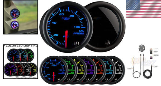 Illuminated 7 Color Oil Pressure Gauge - 2-1/16" Black Dial for Cars & Trucks