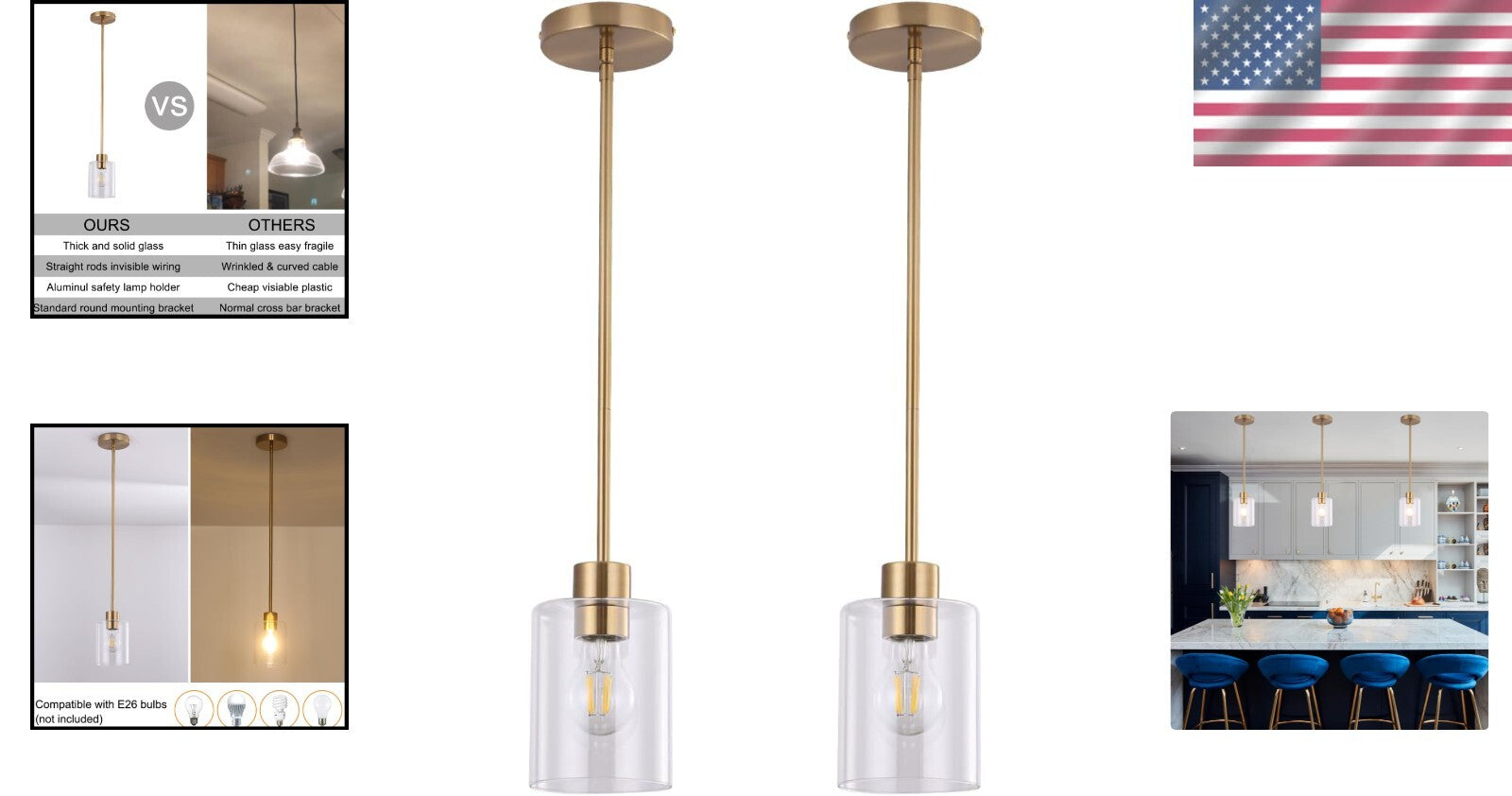 Elegant Brass Glass Pendant Lights for Kitchen Island - 2 Pack Dimmable Fixtures