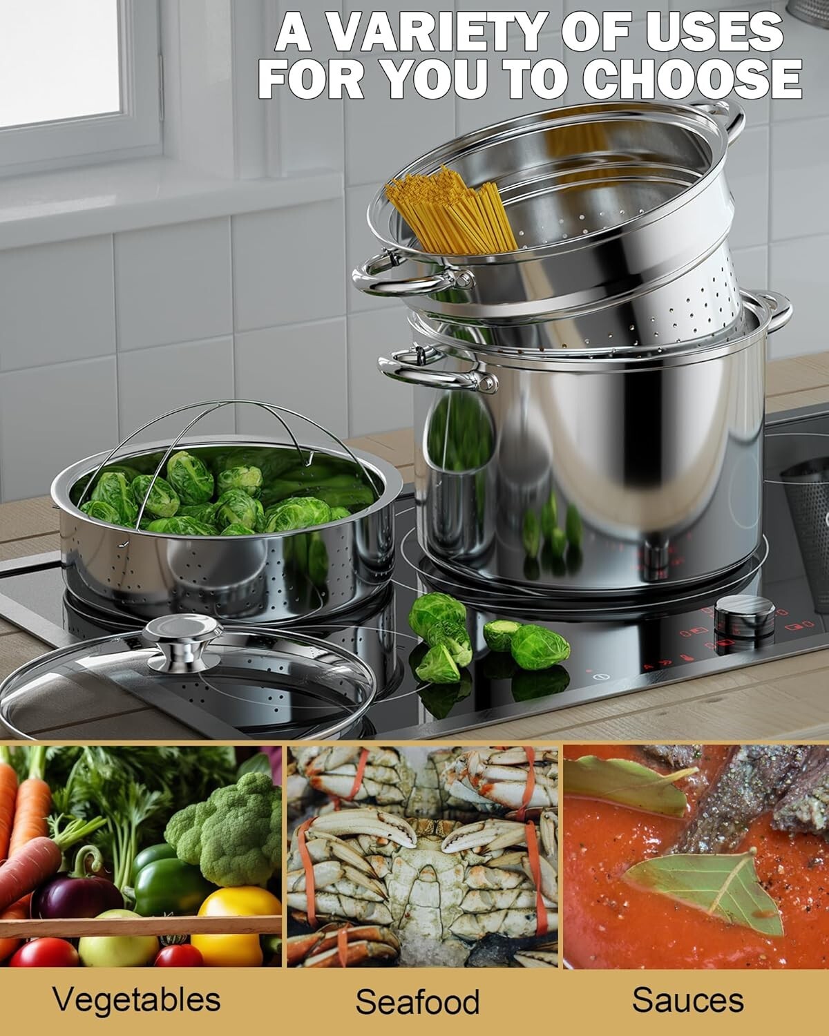 8-Quart Multifunctional Pasta & Steamer Set - Induction Ready Stainless Steel