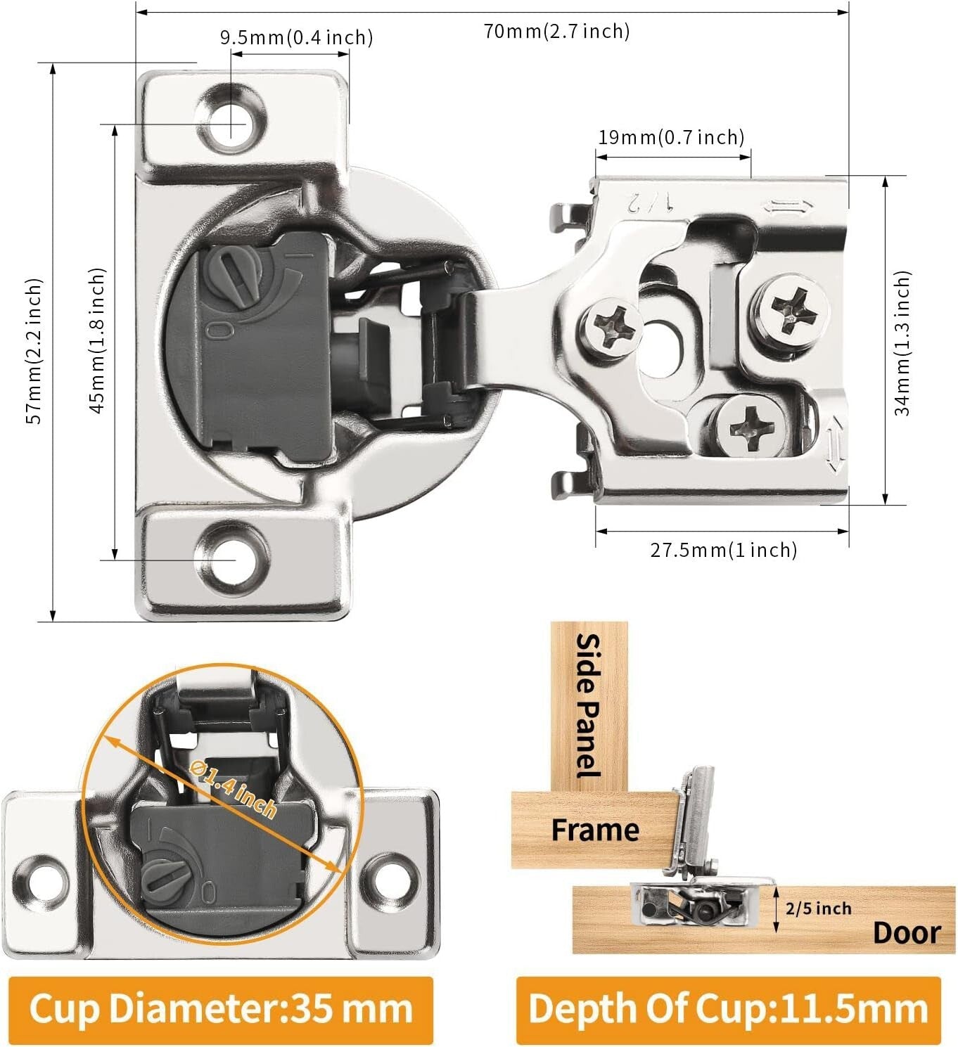 50 Pack 1/2" Soft Close Concealed Hinges with Adjustable Speed & 105° Angle