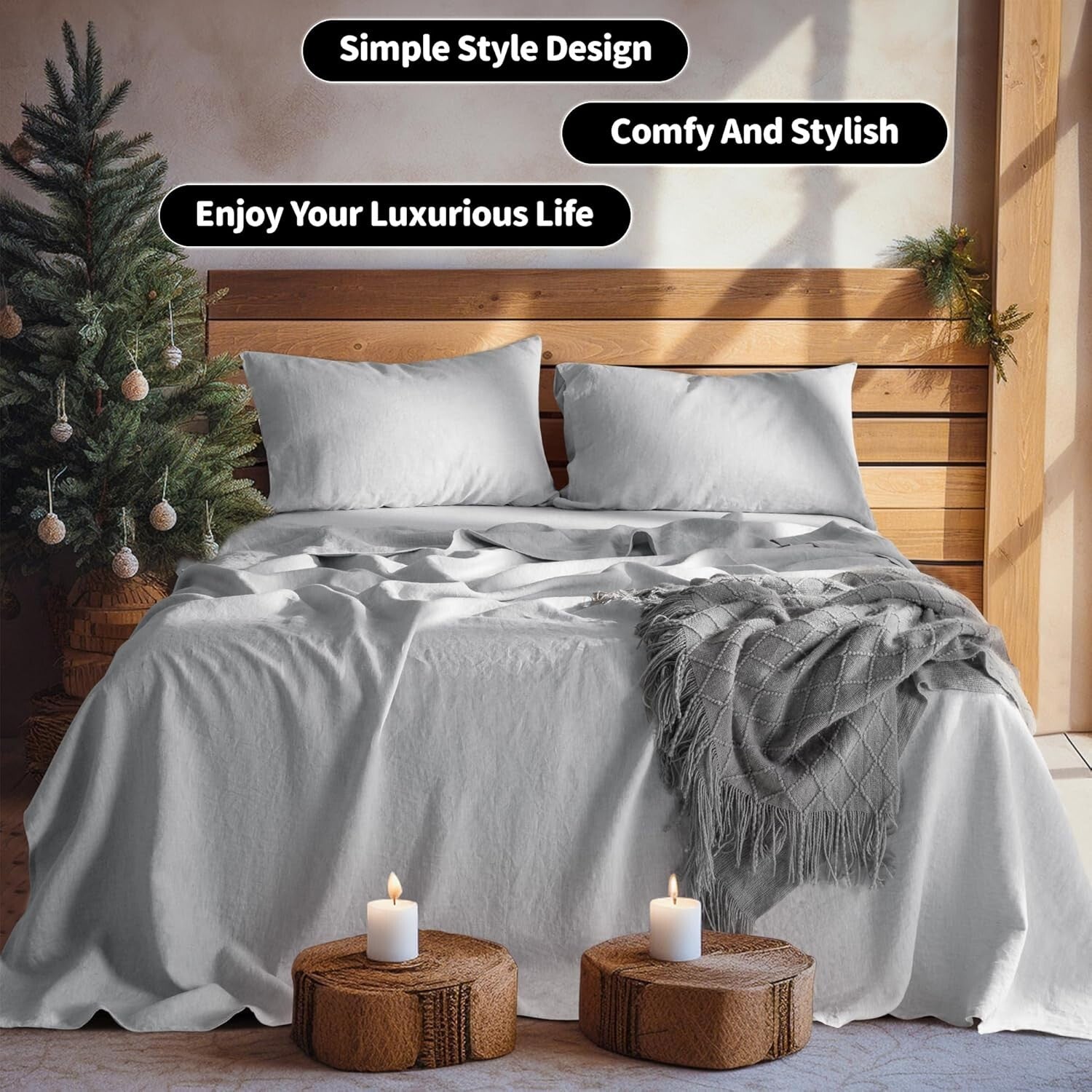 Breathable 100% Linen Bed Sheets Set, Full Size, Deep Pocket, All Season Comfort