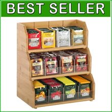 Load image into Gallery viewer, Trapezoidal Bamboo Tea Organizer with 3 Adjustable Shelves – Polished Finish