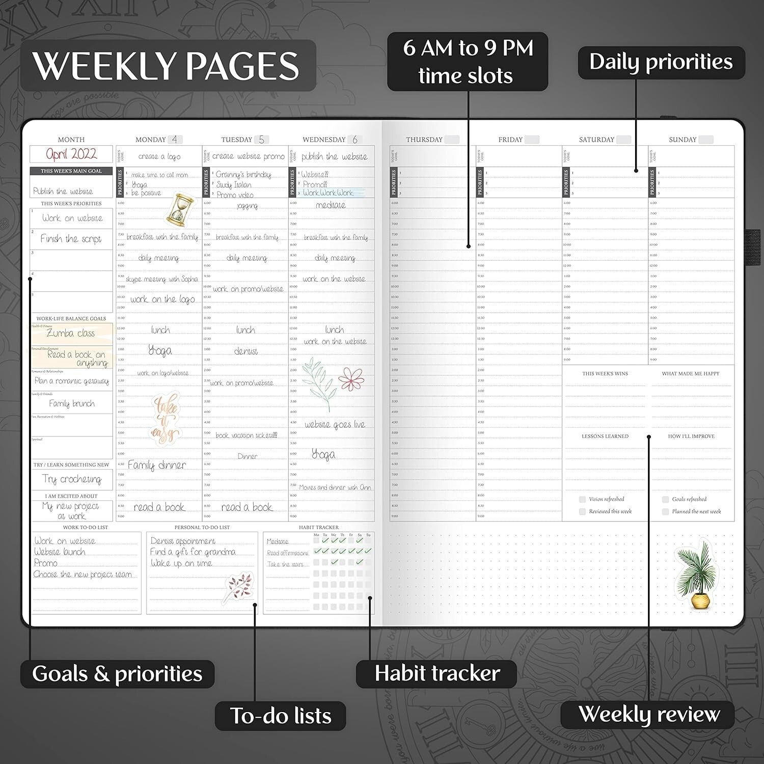 Elegant A4 Undated Schedule Planner with Stickers – Daily & Monthly Organizer