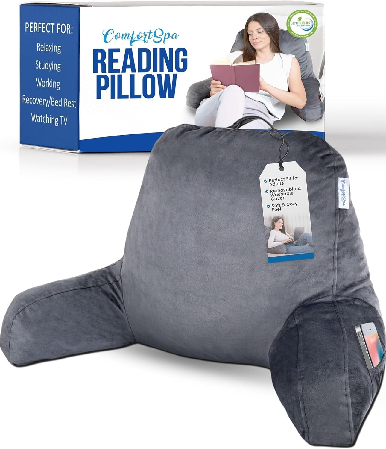 Breathable Backrest Pillow for Bed with Pockets - Perfect for Reading & Resting